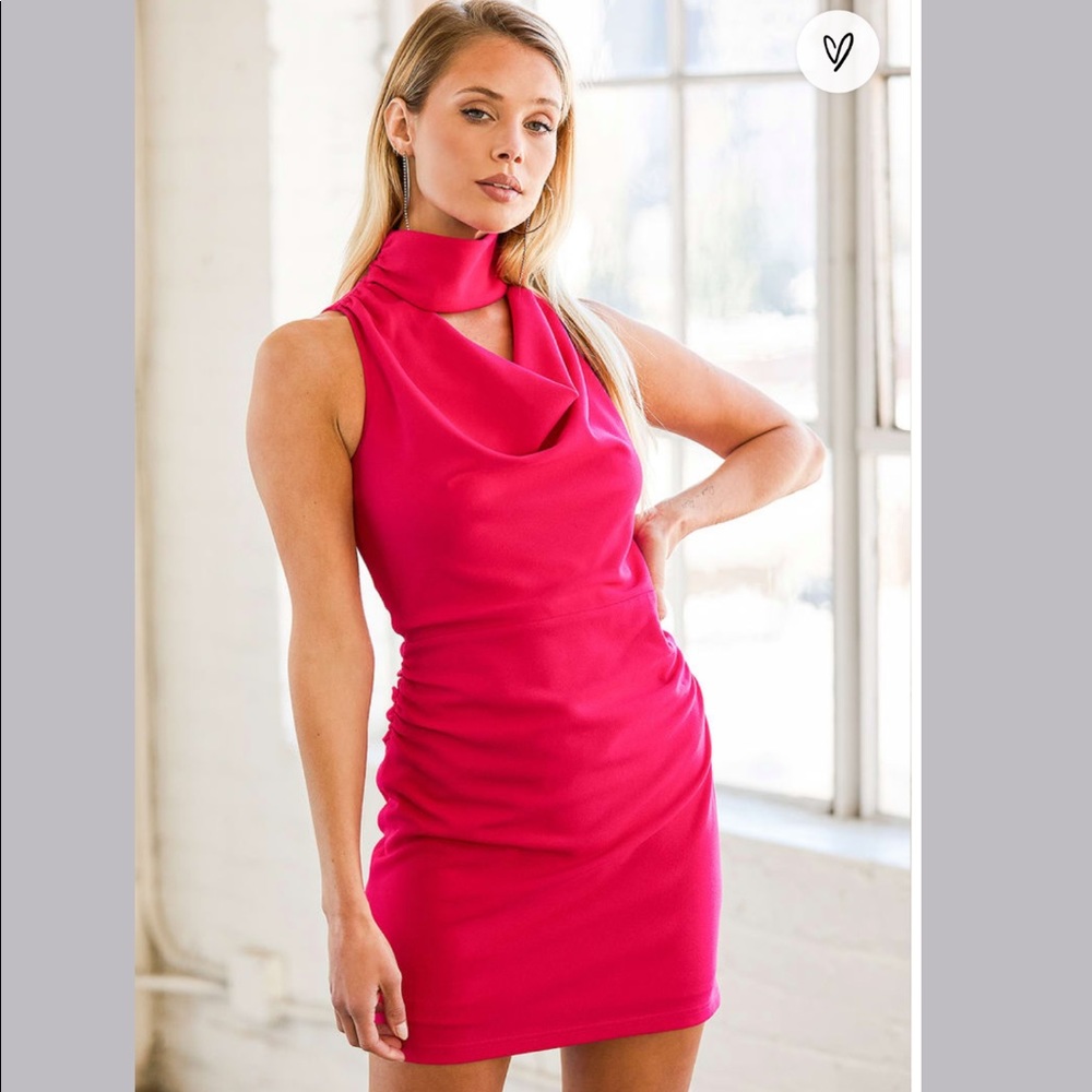 Lulus Flaunt Your Figure Hot Pink Mock Neck Cutout Bodycon Mini Dress
